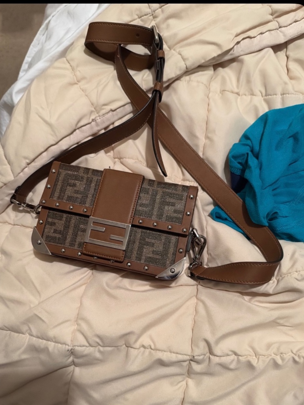 Fendi Baguette Trunk Mini FF Zucca Canvas Brown Leather Studded Crossbody